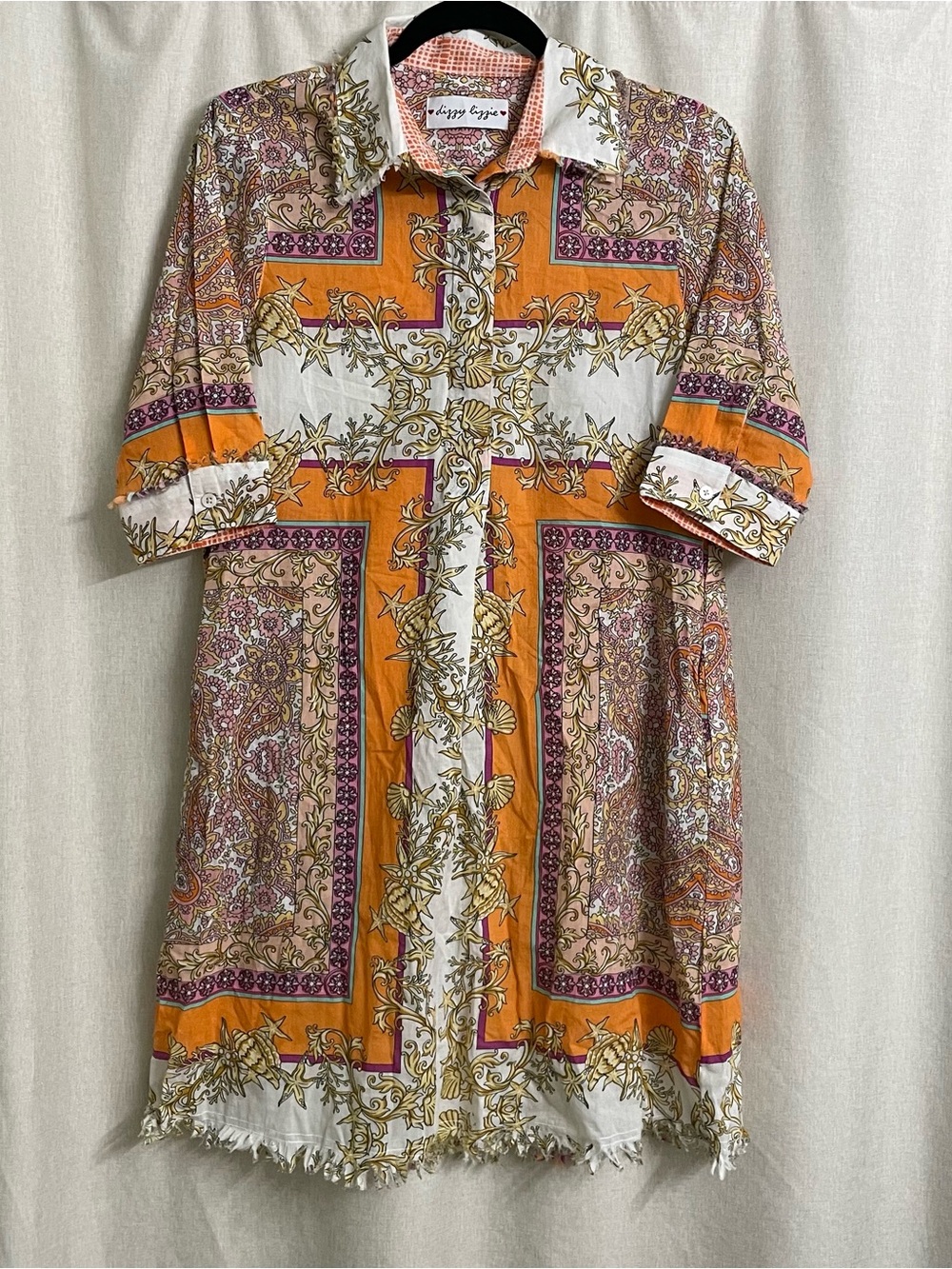 Dizzy Lizzie Coastal Print Tunic Dress XS 100% Cotton Fringe Hem